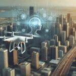 Dron volando sobre una ciudad moderna, con gráficos digitales superpuestos que simbolizan inteligencia artificial.