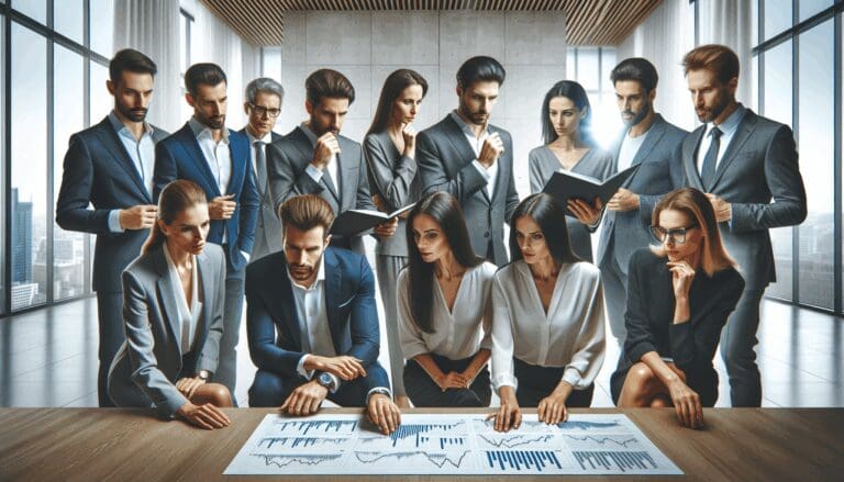 Inversores revisando gráficos financieros en una moderna oficina