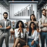 Grupo diverso de emprendedores en un coworking moderno, pantallas mostrando gráficos de crecimiento.