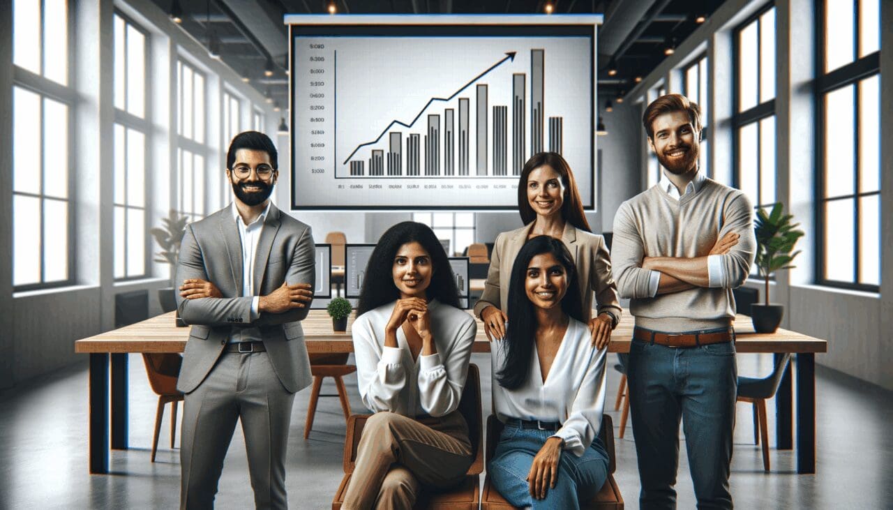 Grupo diverso de emprendedores en un coworking moderno, pantallas mostrando gráficos de crecimiento.