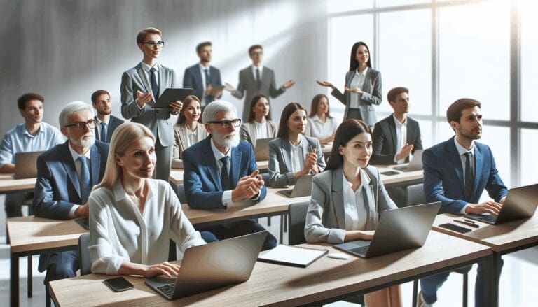 Emprendedores de diferentes edades atentos en un taller tecnológico moderno con computadoras portátiles.