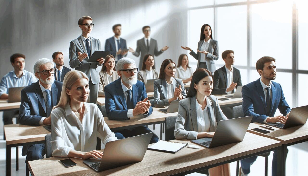 Emprendedores de diferentes edades atentos en un taller tecnológico moderno con computadoras portátiles.