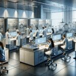 Laboratorio moderno con equipos tecnológicos avanzados y científicos trabajando.