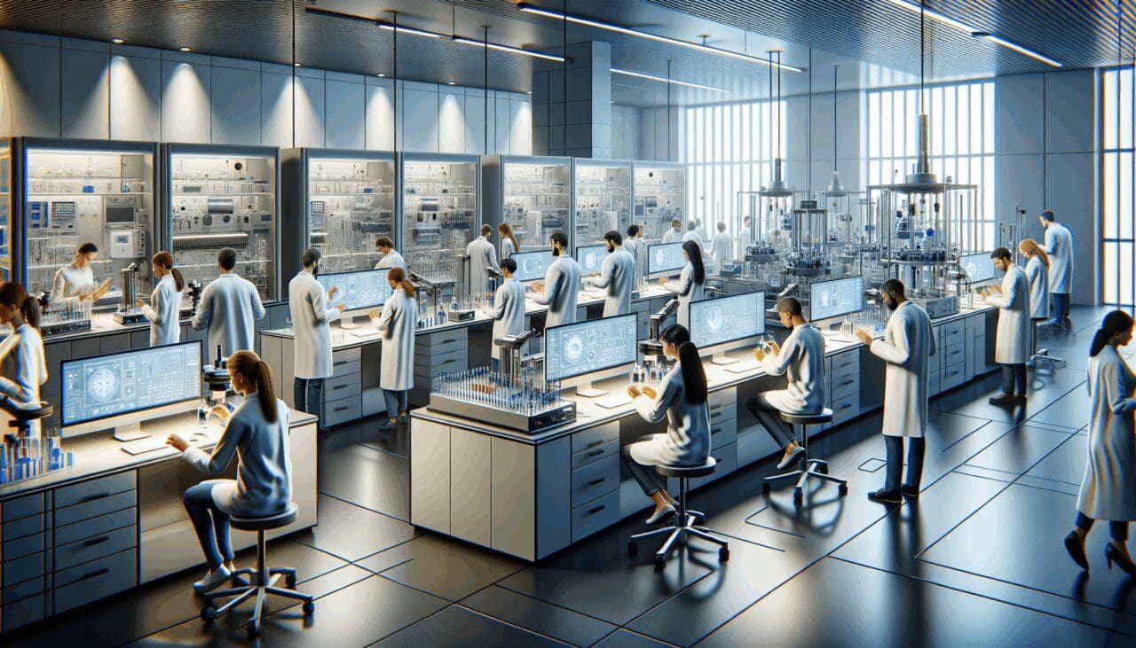 Laboratorio moderno con equipos tecnológicos avanzados y científicos trabajando.