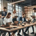 Grupo de emprendedores colaborando en un espacio moderno de coworking.