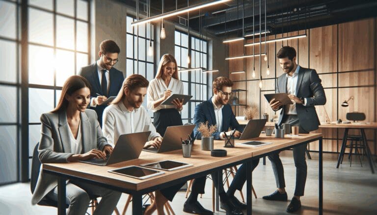 Grupo de emprendedores colaborando en un espacio moderno de coworking.