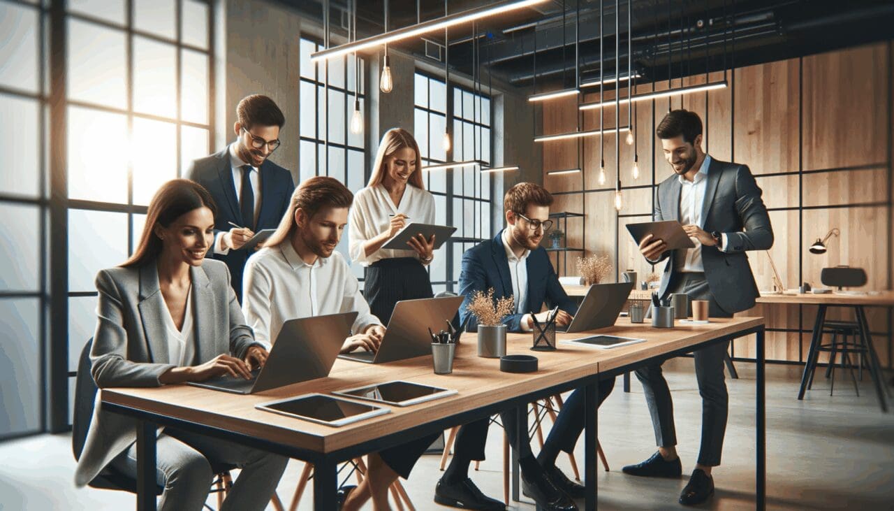 Grupo de emprendedores colaborando en un espacio moderno de coworking.