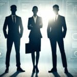 Siluetas de tres líderes frente a un fondo digital de tecnología.