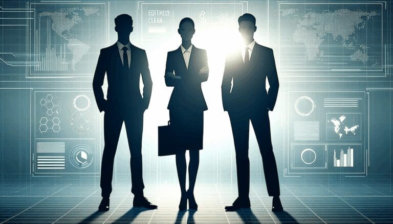 Siluetas de tres líderes frente a un fondo digital de tecnología.