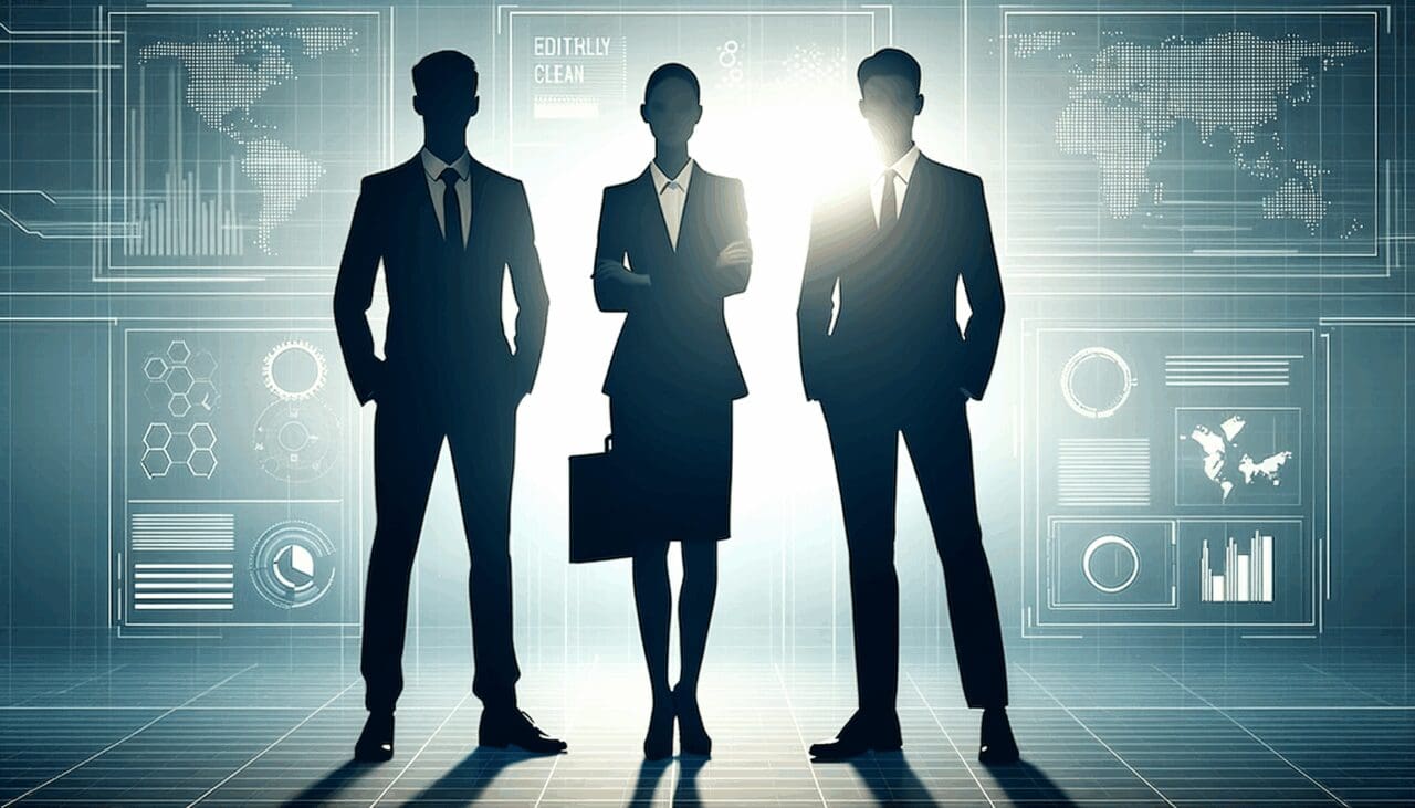 Siluetas de tres líderes frente a un fondo digital de tecnología.