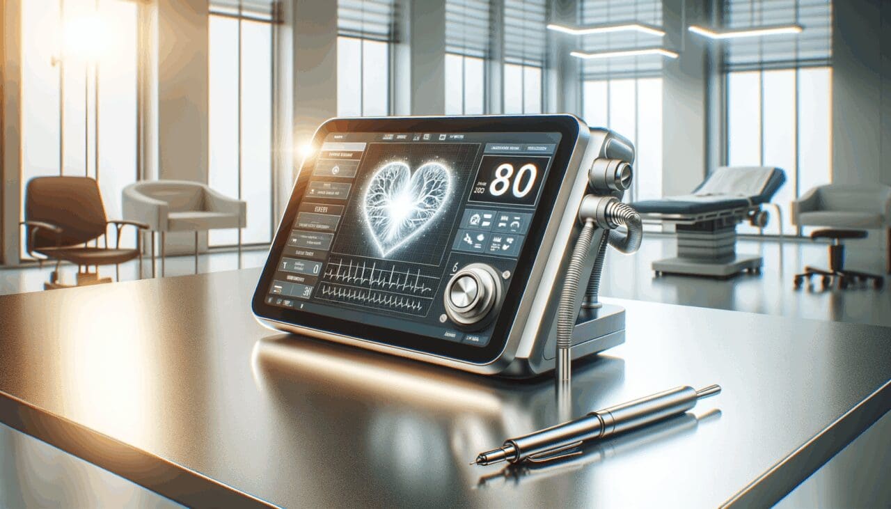 Primer plano de un dispositivo médico tecnológico sobre una mesa en un entorno clínico moderno, luz natural de fondo.
