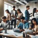 Emprendedores reunidos en un moderno espacio de coworking colaborando sobre laptops y pizarras.