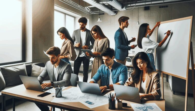 Emprendedores reunidos en un moderno espacio de coworking colaborando sobre laptops y pizarras.
