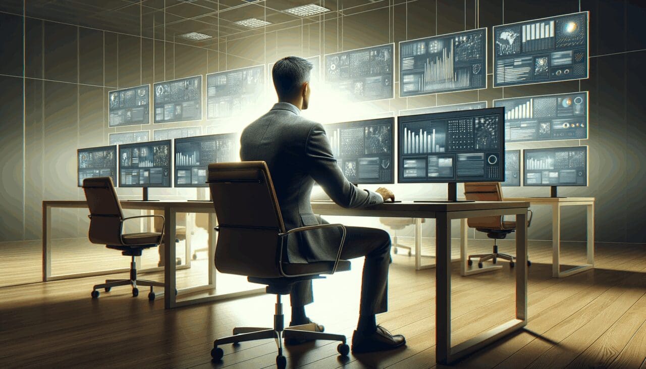 Emprendedor solo trabajando frente a varias pantallas digitales en oficina moderna