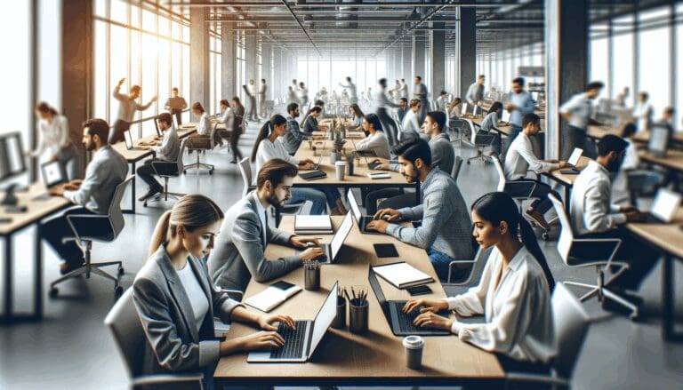 Primer plano de un coworking moderno, computadoras abiertos y personas colaborando en un entorno tecnológico.