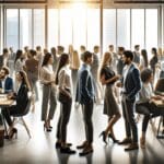 Jóvenes emprendedores reunidos en un espacio moderno colaborando con ejecutivos en una sala luminosa.