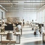 Espacio interior luminoso de una oficina moderna de startups, con gente colaborando y dispositivos de alta tecnología.