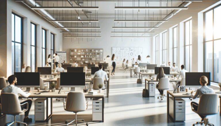 Espacio interior luminoso de una oficina moderna de startups, con gente colaborando y dispositivos de alta tecnología.