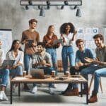 Grupo de jóvenes emprendedores colaborando en un espacio de coworking moderno con laptops y pizarras.