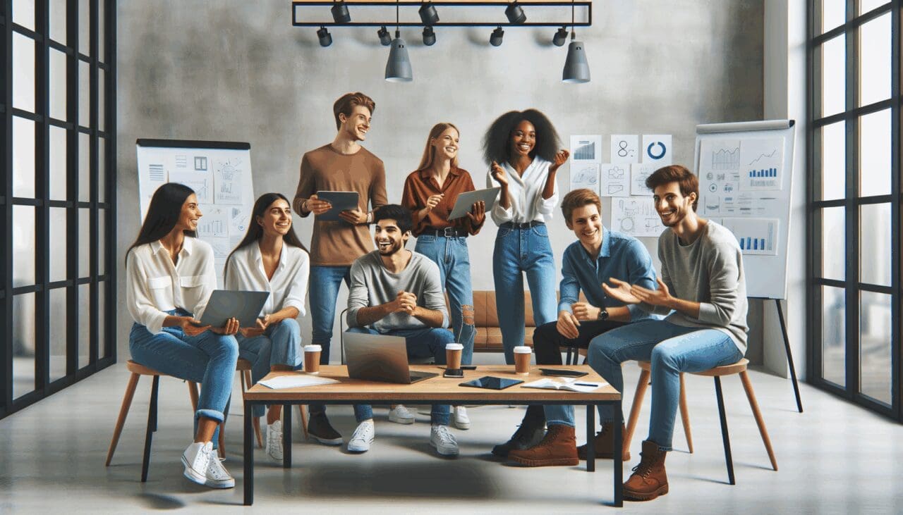 Grupo de jóvenes emprendedores colaborando en un espacio de coworking moderno con laptops y pizarras.