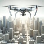 Dron futurista sobrevolando una ciudad moderna con rascacielos y luz diurna.