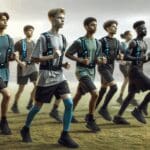 Jóvenes deportistas entrenando en campo abierto, usando dispositivos tecnológicos en el torso. Fondo neutro y sensación de innovación.