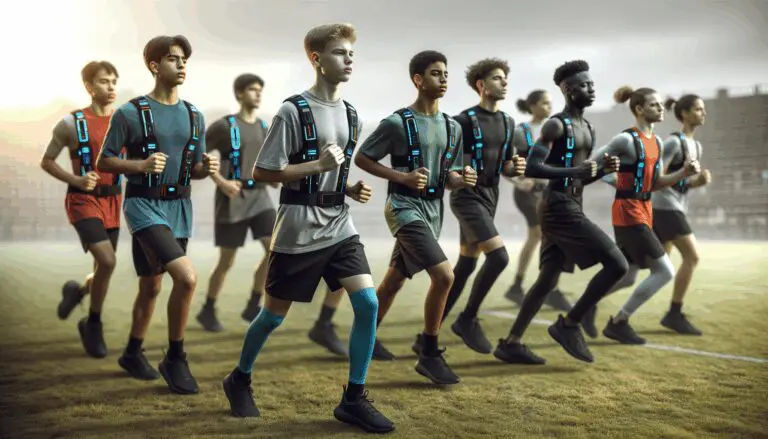 Jóvenes deportistas entrenando en campo abierto, usando dispositivos tecnológicos en el torso. Fondo neutro y sensación de innovación.