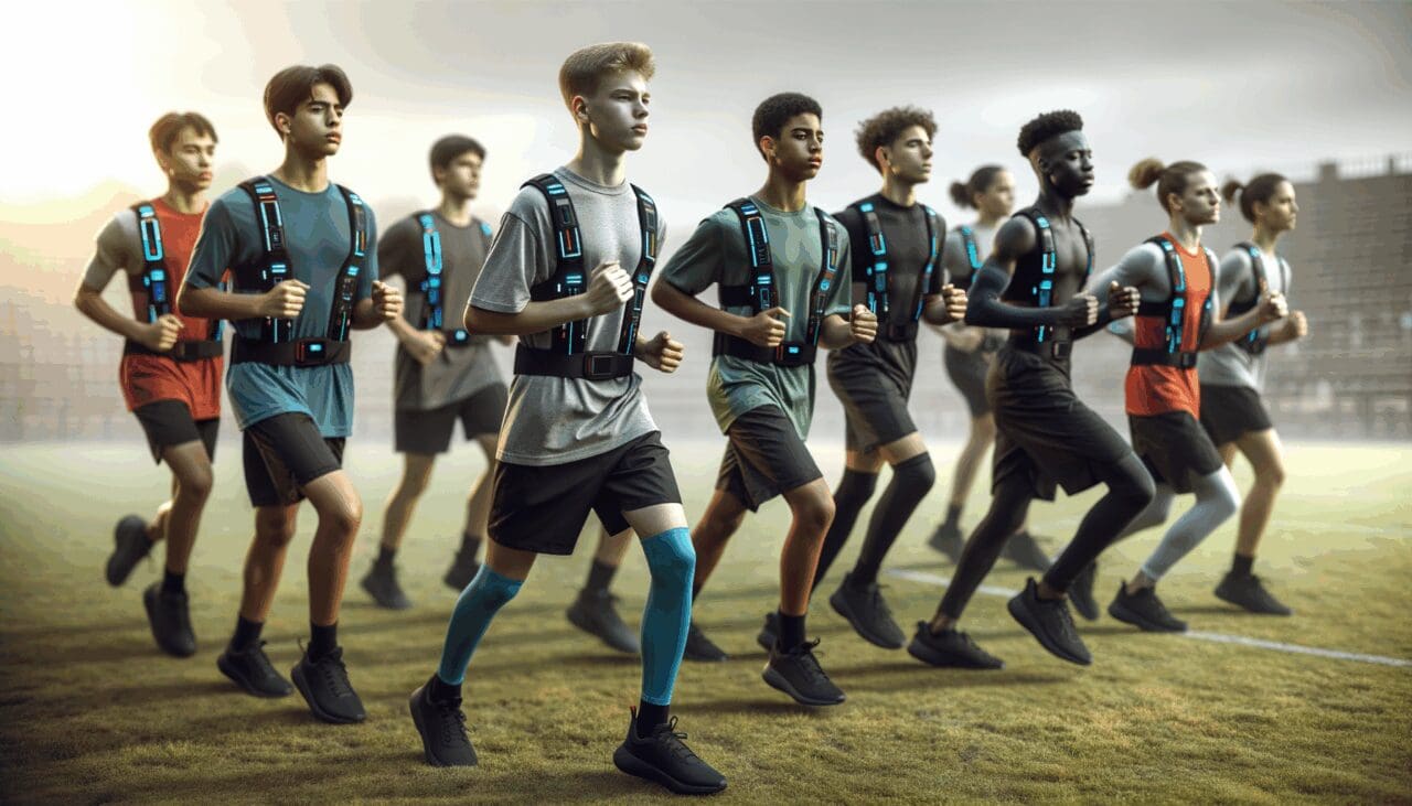 Jóvenes deportistas entrenando en campo abierto, usando dispositivos tecnológicos en el torso. Fondo neutro y sensación de innovación.