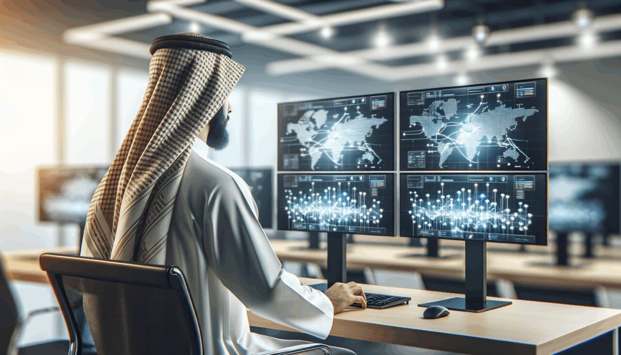 Persona observando pantallas de datos eléctricos en un moderno entorno de oficina tecnológica.