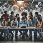 Personas jóvenes colaborando alrededor de una laptop, con elementos visuales de notas musicales y engranajes digitales en un entorno moderno.