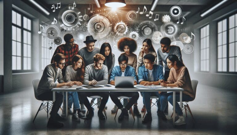 Personas jóvenes colaborando alrededor de una laptop, con elementos visuales de notas musicales y engranajes digitales en un entorno moderno.