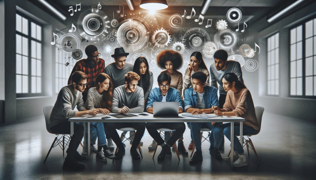Personas jóvenes colaborando alrededor de una laptop, con elementos visuales de notas musicales y engranajes digitales en un entorno moderno.