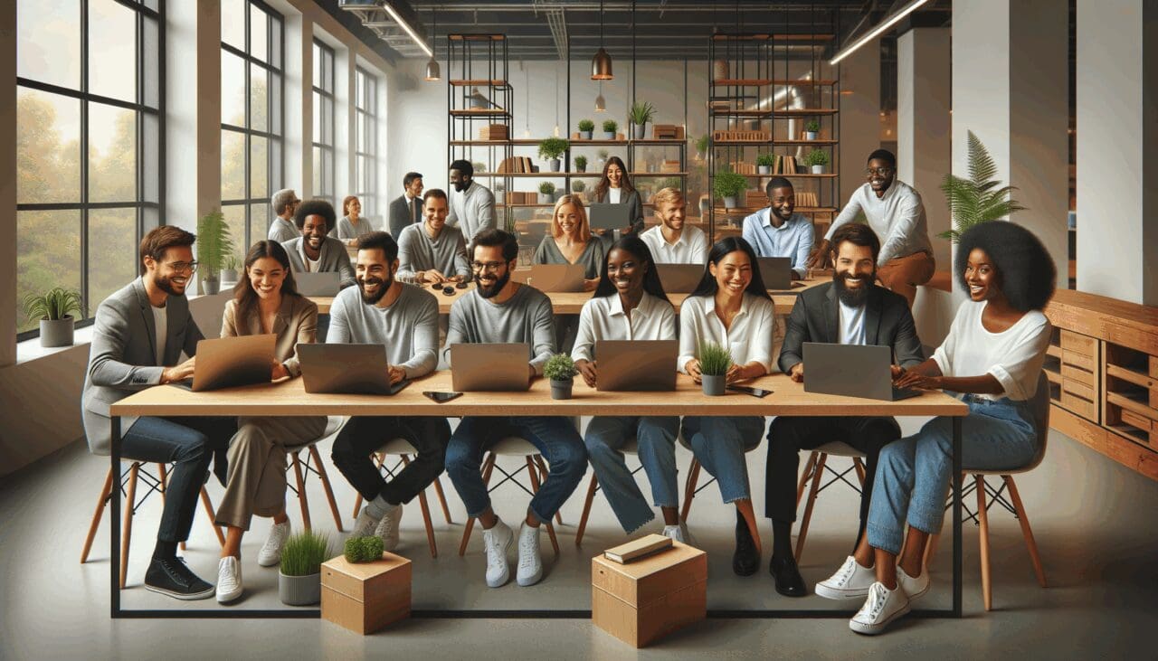 Personas diversas en una sala de coworking tech, colaborando y usando laptops en un ambiente moderno, inclusivo y luminoso.