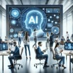 Fotografía conceptual de un equipo multidisciplinario colaborando en un entorno moderno, con pantallas mostrando gráficos de IA.