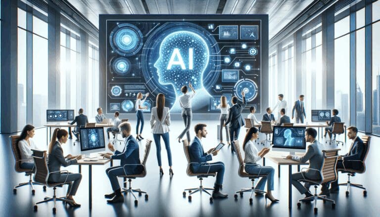 Fotografía conceptual de un equipo multidisciplinario colaborando en un entorno moderno, con pantallas mostrando gráficos de IA.