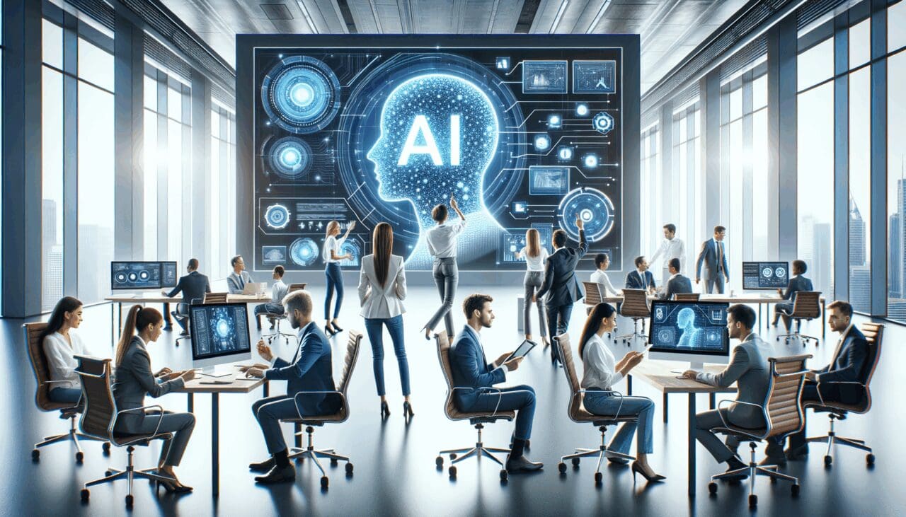 Fotografía conceptual de un equipo multidisciplinario colaborando en un entorno moderno, con pantallas mostrando gráficos de IA.