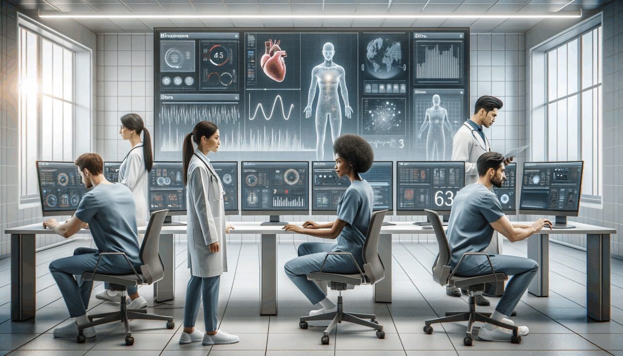 Equipo de bioingenieros trabajando frente a monitores con gráficos de datos y realidad aumentada en un ambiente médico moderno.