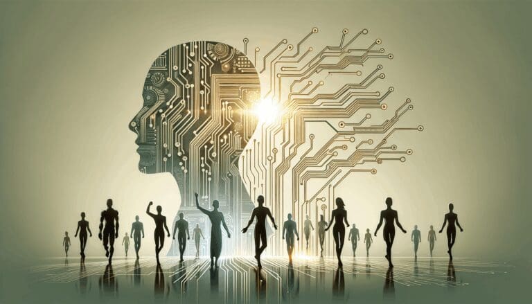 Ilustración moderna de inteligencia artificial con circuitos y siluetas humanas sobre fondo neutro.