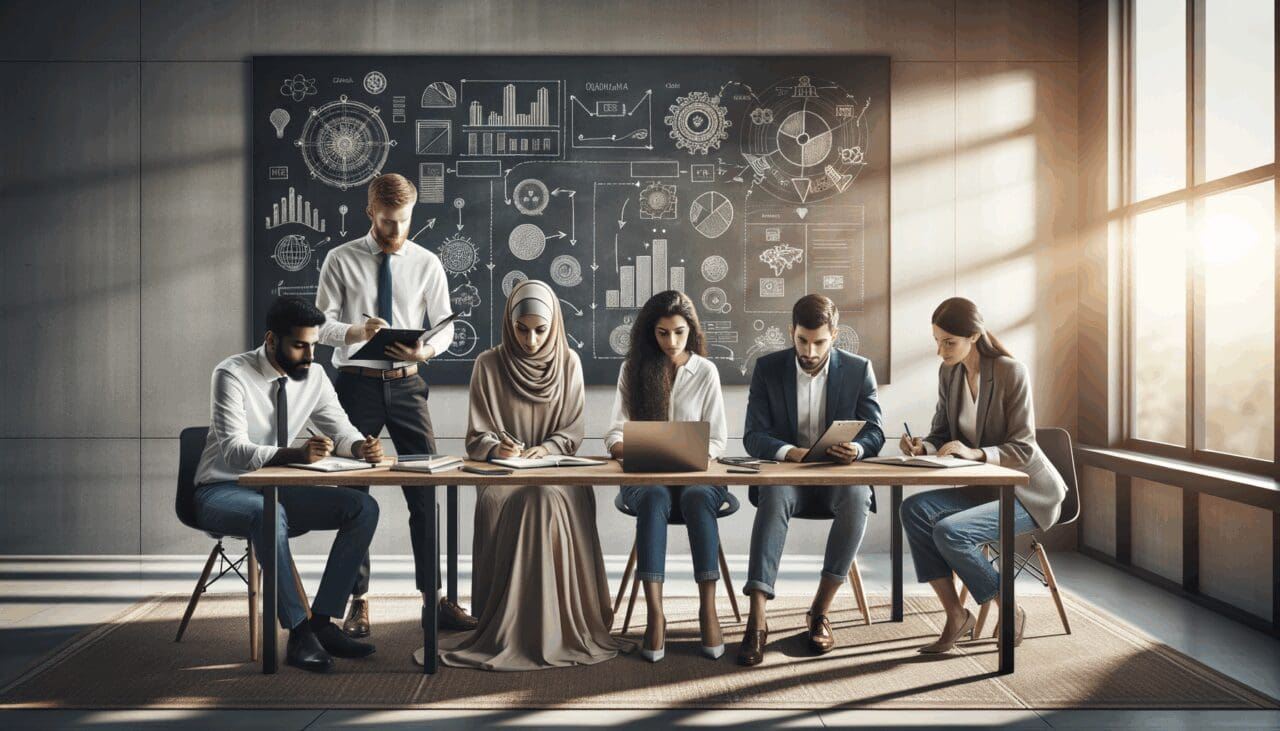 Personas de equipo diverso colaborando frente a una pizarra con esquemas en oficina moderna y luz natural