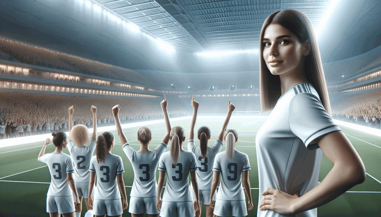 Fotografía de un equipo femenino de fútbol celebrando en un estadio moderno, con luz de día y público en segundo plano.