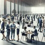 Personas interactuando en mesas de networking en un espacio moderno y luminoso, ambiente corporativo y tecnológico.