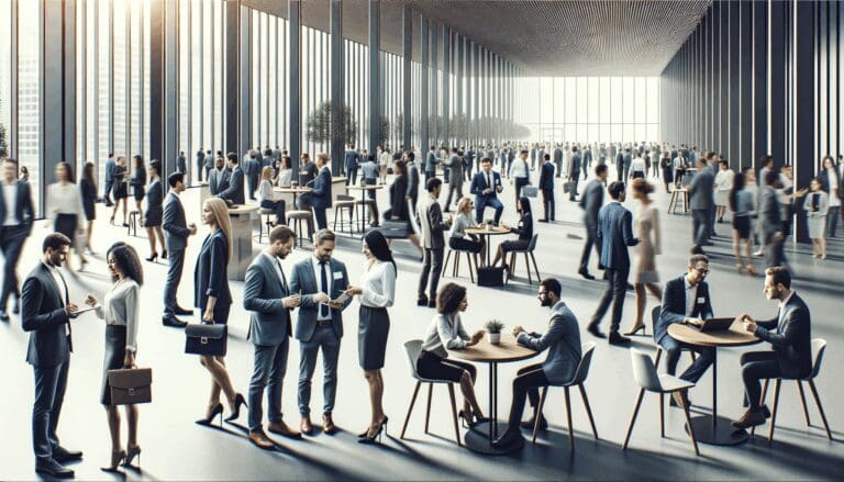 Personas interactuando en mesas de networking en un espacio moderno y luminoso, ambiente corporativo y tecnológico.