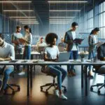 Equipo diverso trabajando en una moderna oficina tecnológica con pantallas y laptops encendidas.