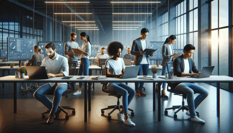 Equipo diverso trabajando en una moderna oficina tecnológica con pantallas y laptops encendidas.
