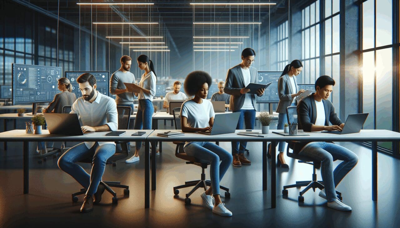 Equipo diverso trabajando en una moderna oficina tecnológica con pantallas y laptops encendidas.