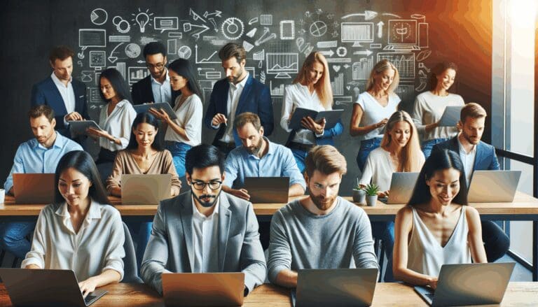 Grupo de emprendedores trabajando en laptops en una oficina moderna con pizarras digitales.