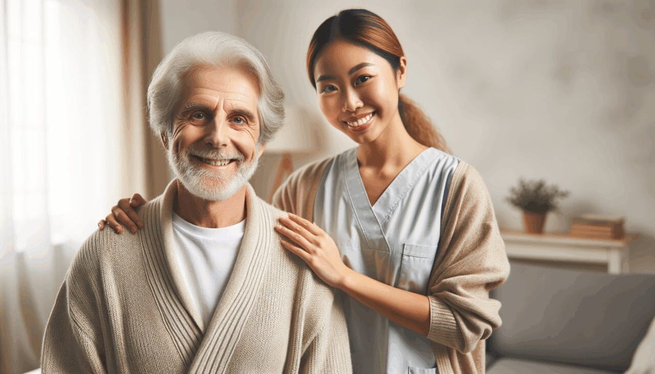 Un adulto mayor feliz junto a un cuidador en un entorno acogedor.
