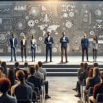 Emprendedores presentando ideas en un escenario moderno de competencia tecnológica con público atento.