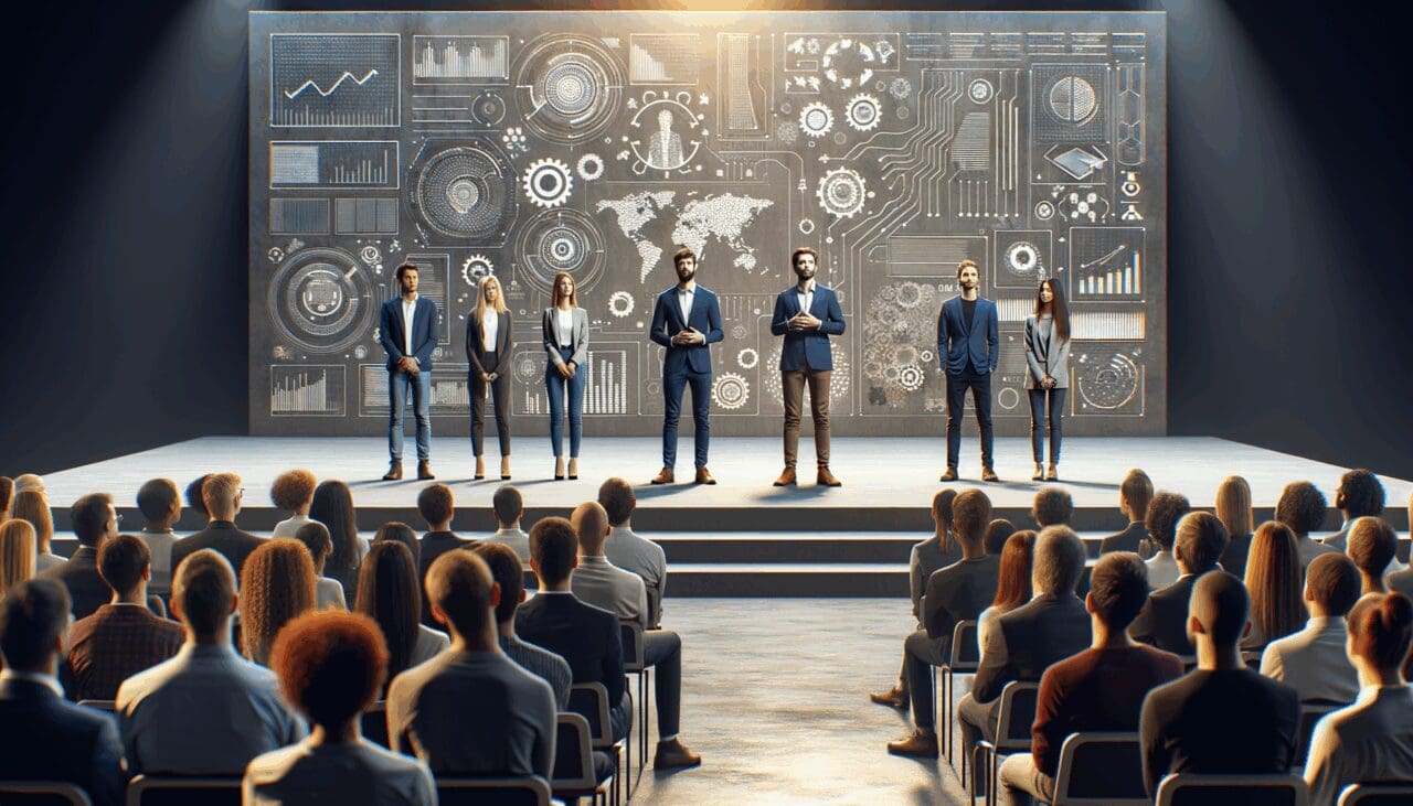 Emprendedores presentando ideas en un escenario moderno de competencia tecnológica con público atento.