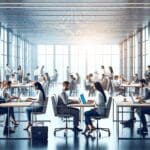 Sala de juntas con emprendedores trabajando en laptops, ambiente moderno y tecnológico.